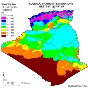 Carte des températures maximales et du trimestre le plus humide en Algérie.