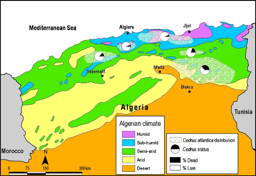 Carte des zones climatiques du nord algérien et distribution de la mortalité de Cedrus atlantica.