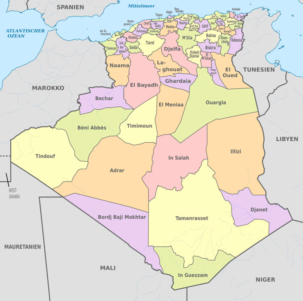Carte des wilayas d'Algérie.