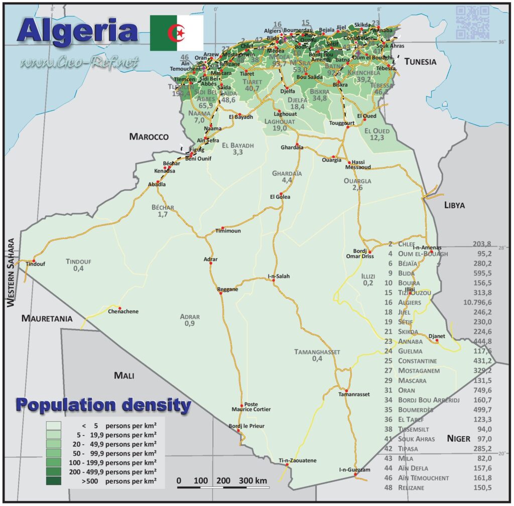 Carte de la densité de population de l'Algérie.