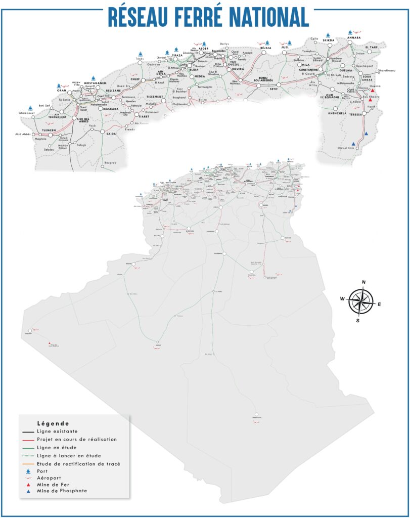 Carte du réseau ferroviaire algérien.