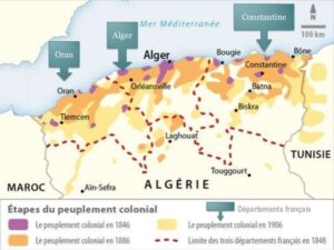 Carte des étapes du peuplement colonial français en Algérie 1846-1906.