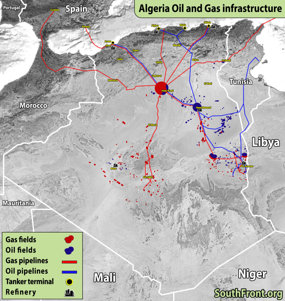 Carte des infrastructures pétrolières et gazières de l'Algérie.