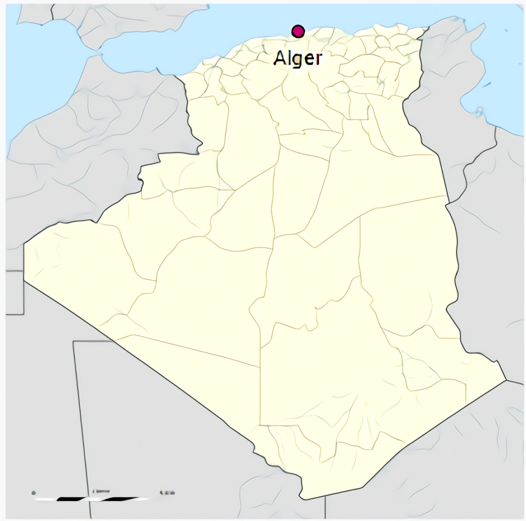 Carte de localisation de la ville d'Alger en Algérie.