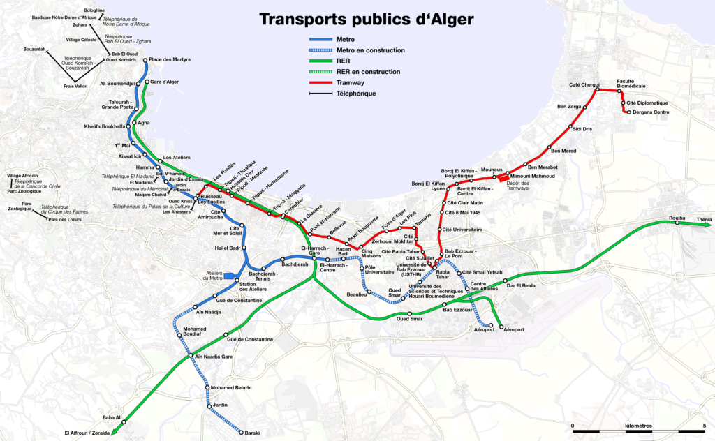 Plan du métro, RER et tramway d'Alger.
