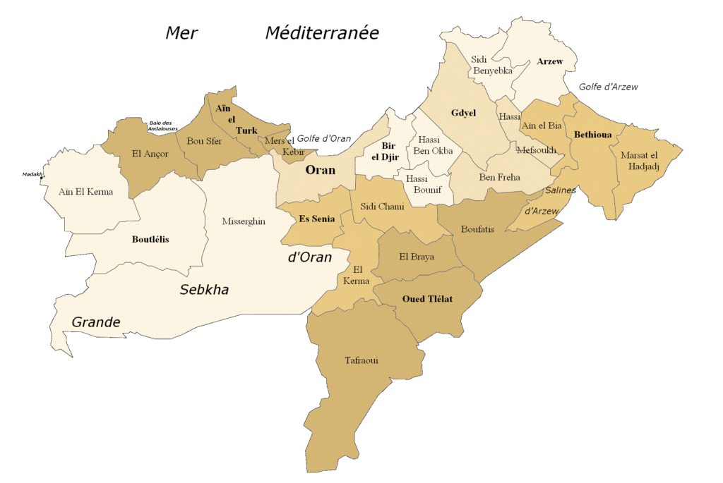 Carte des communes de la wilaya d'Oran.