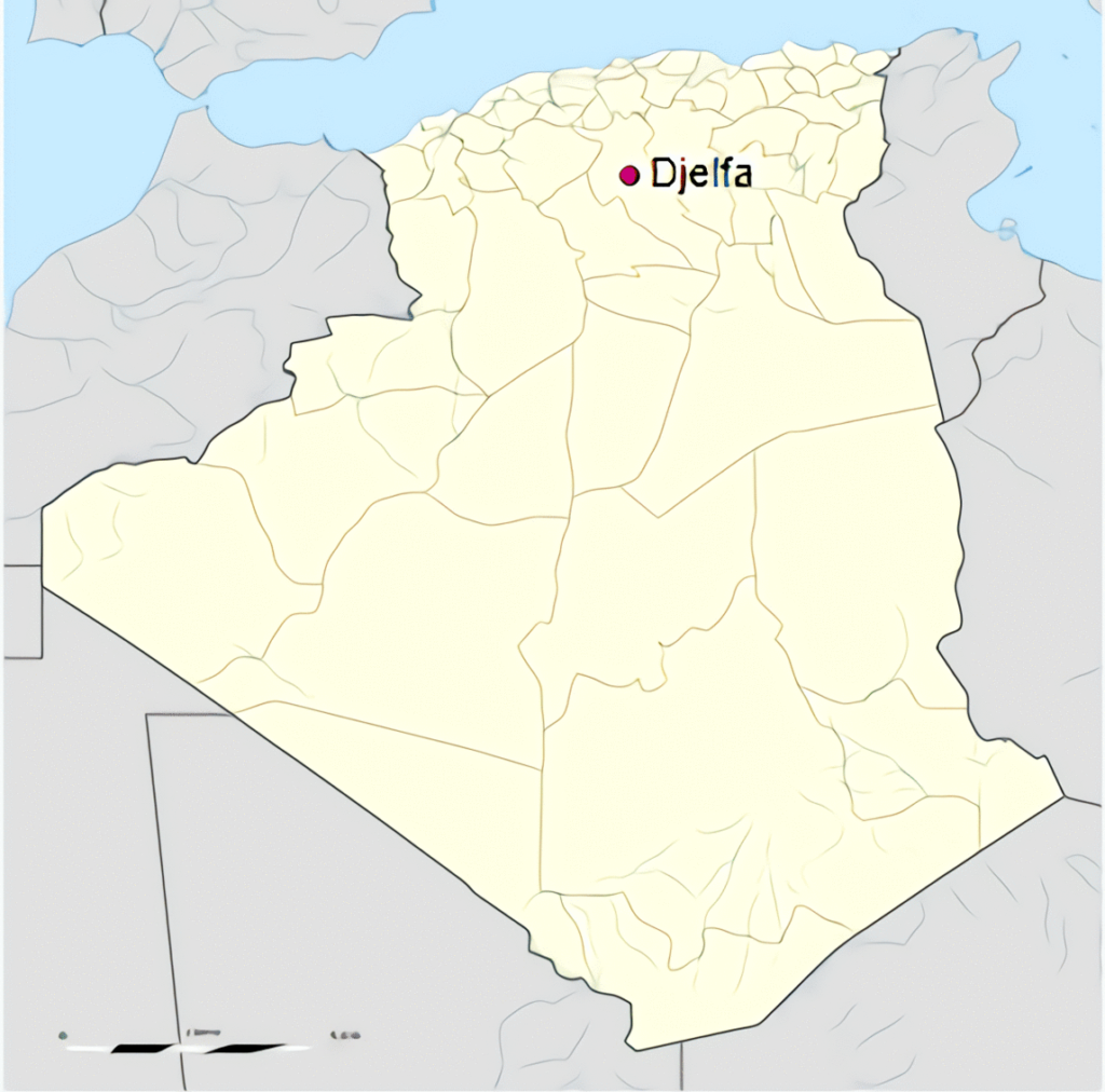 Carte de localisation de la ville de Djelfa en Algérie.