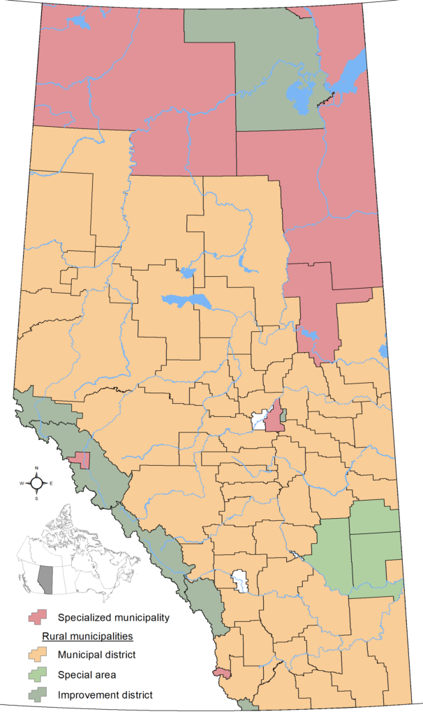 Carte des municipalités spécialisées et rurales de l'Alberta