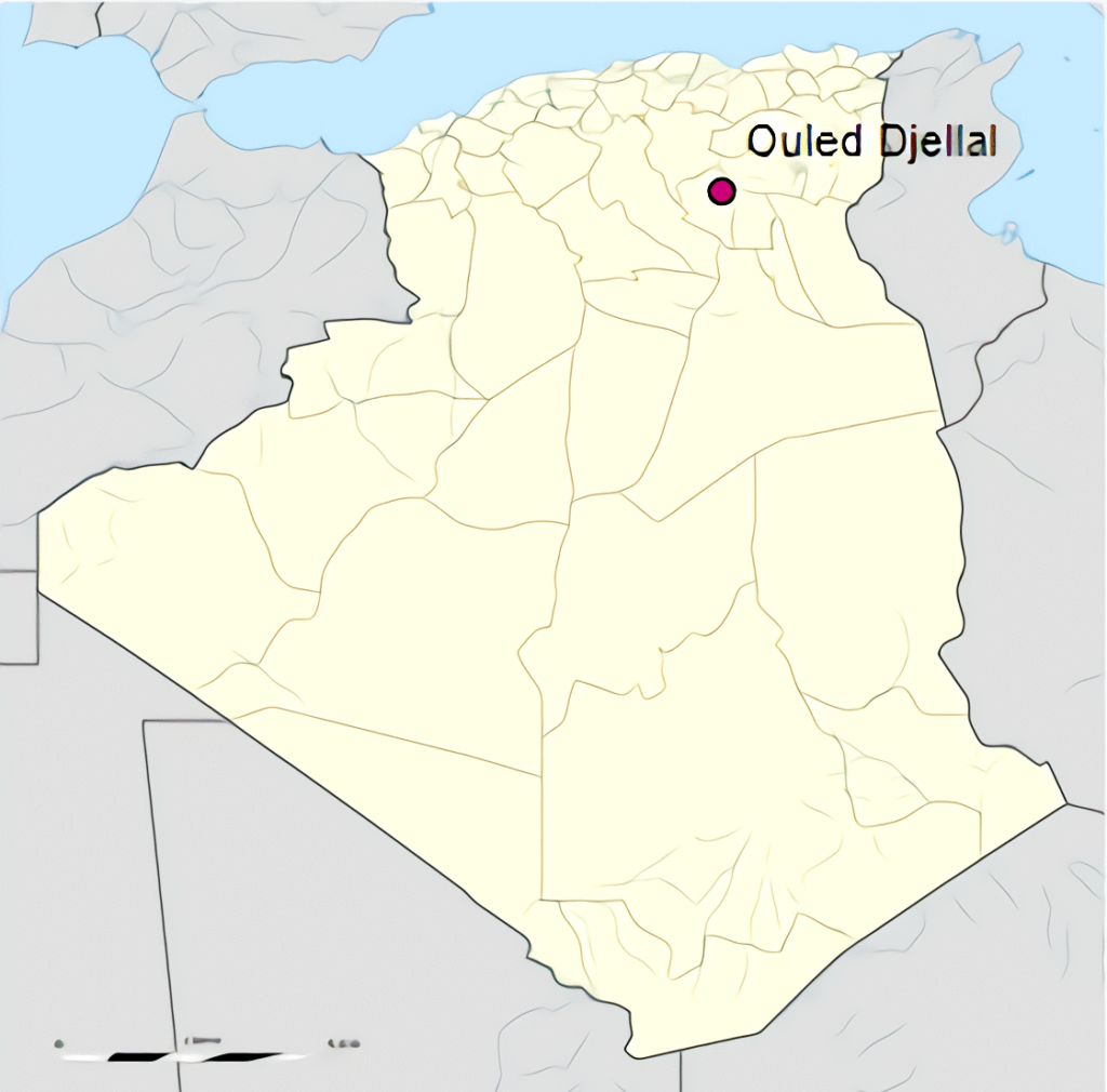 Carte de localisation de la ville d'Ouled Djellal en Algérie.