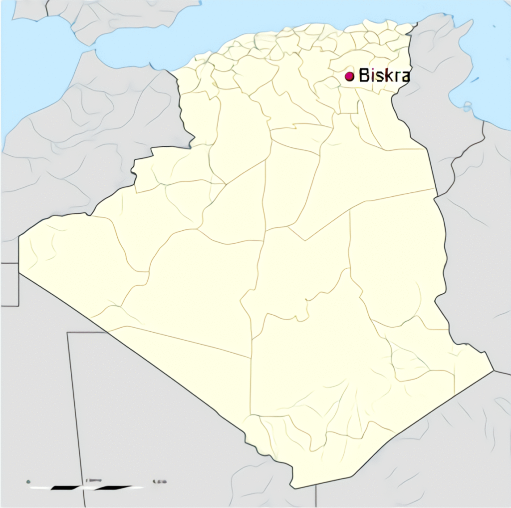 Carte de localisation de la ville de Biskra en Algérie.