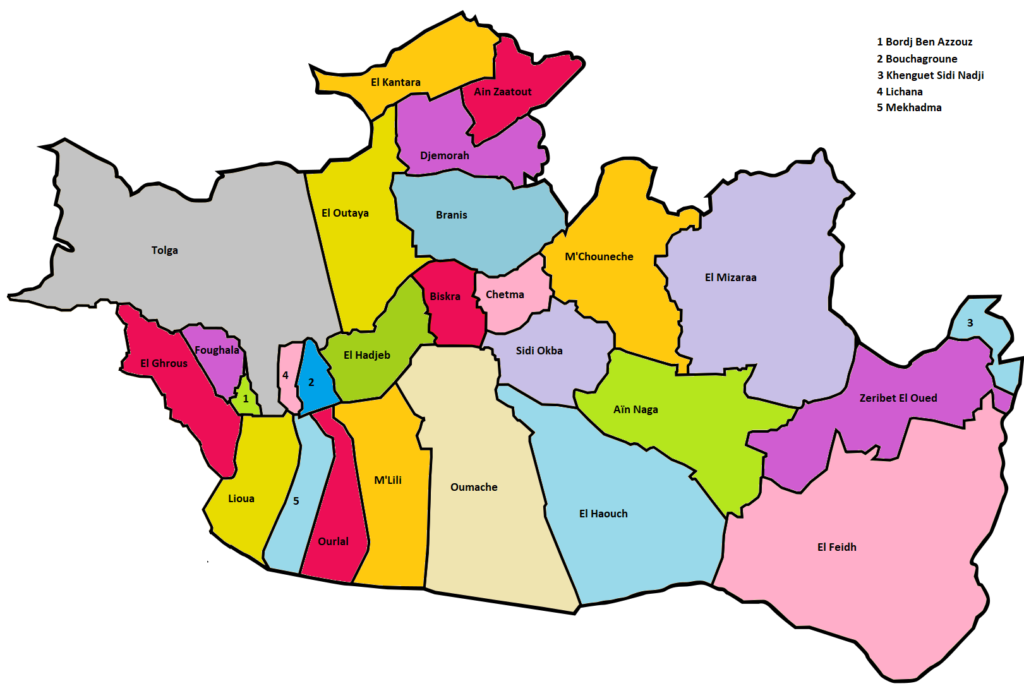 Carte des communes de la wilaya de Biskra.