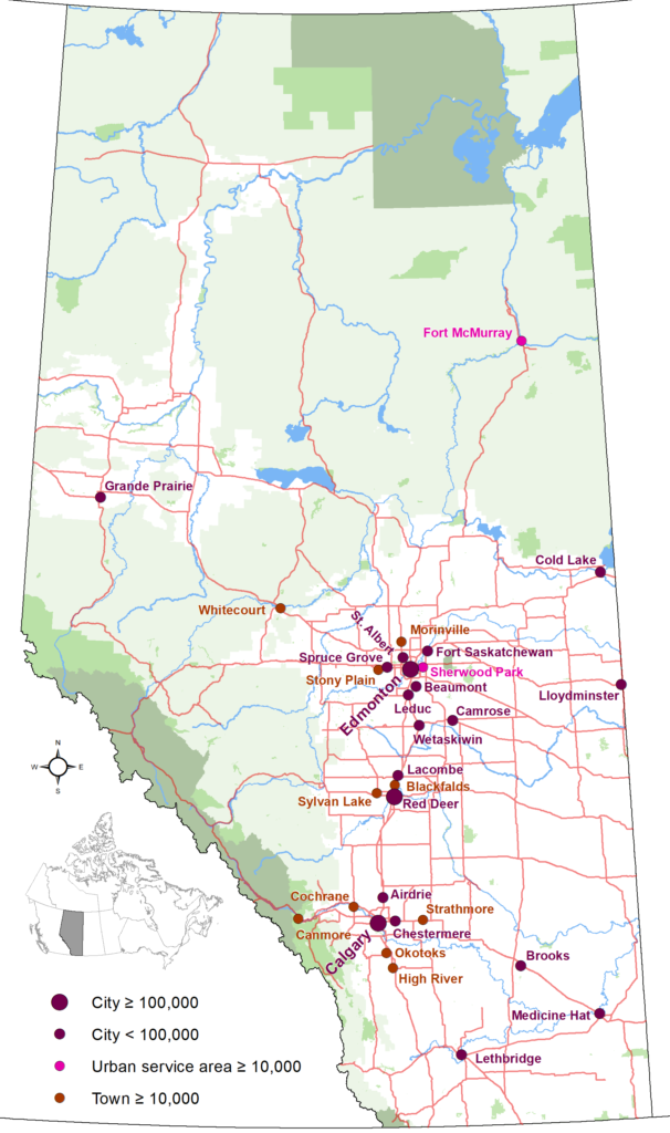 Carte des villes de l'Alberta