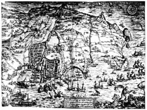 Gravure de la ville de Béjaïa par Jan Vermeyen (1551).