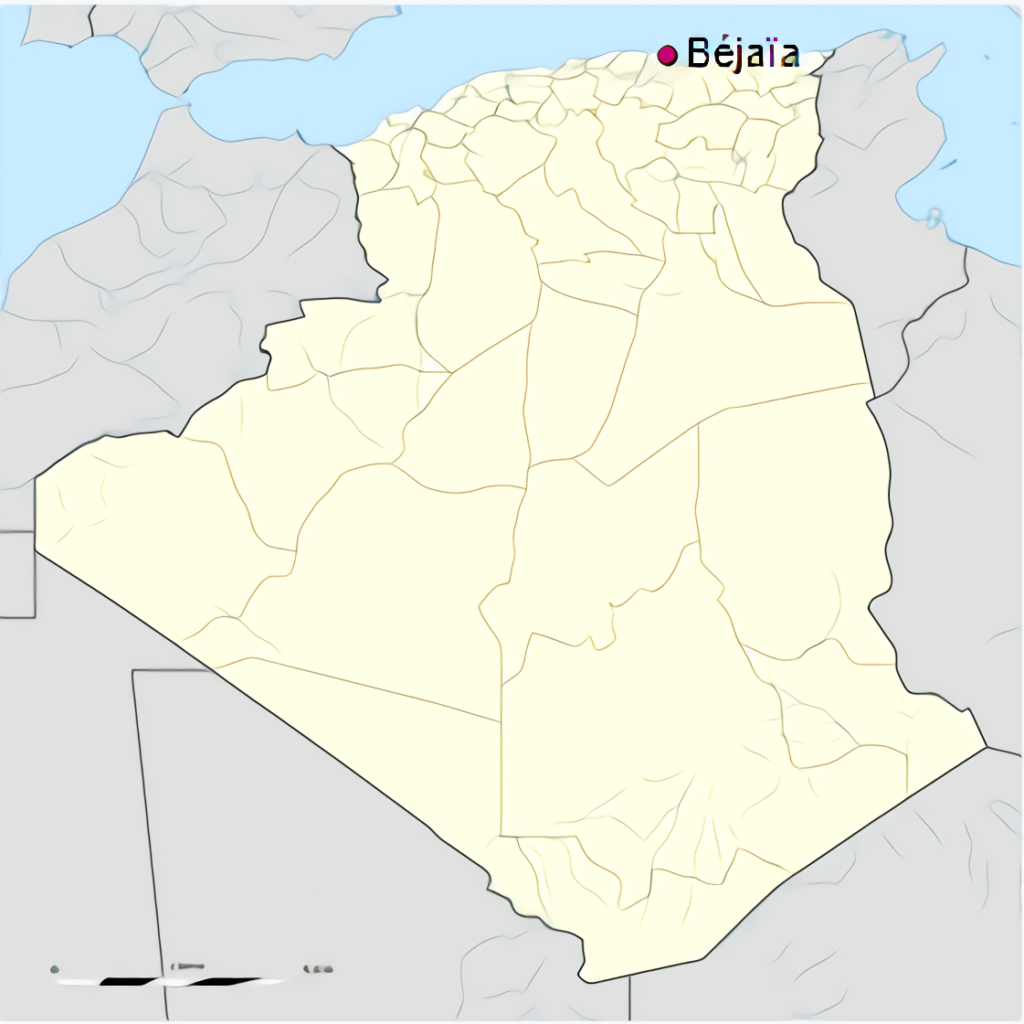 Carte de localisation de la ville de Béjaïa en Algérie.