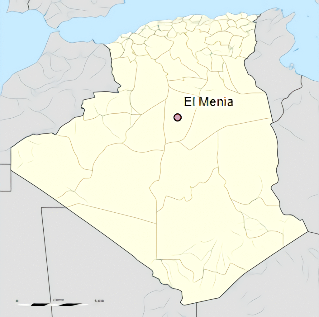 Carte de localisation de la ville d'El Menia en Algérie.