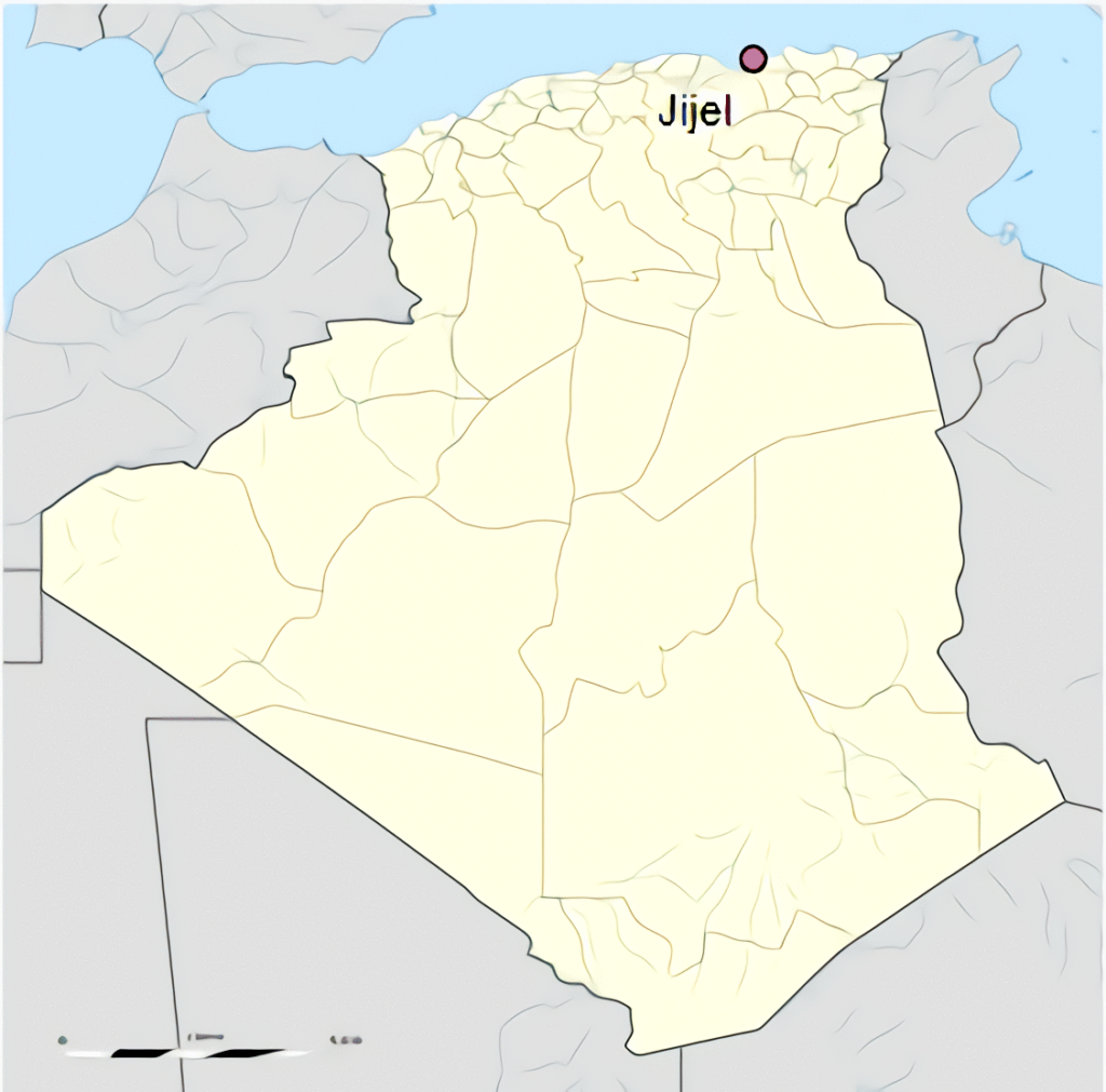 Carte de localisation de la ville de Jijel en Algérie.