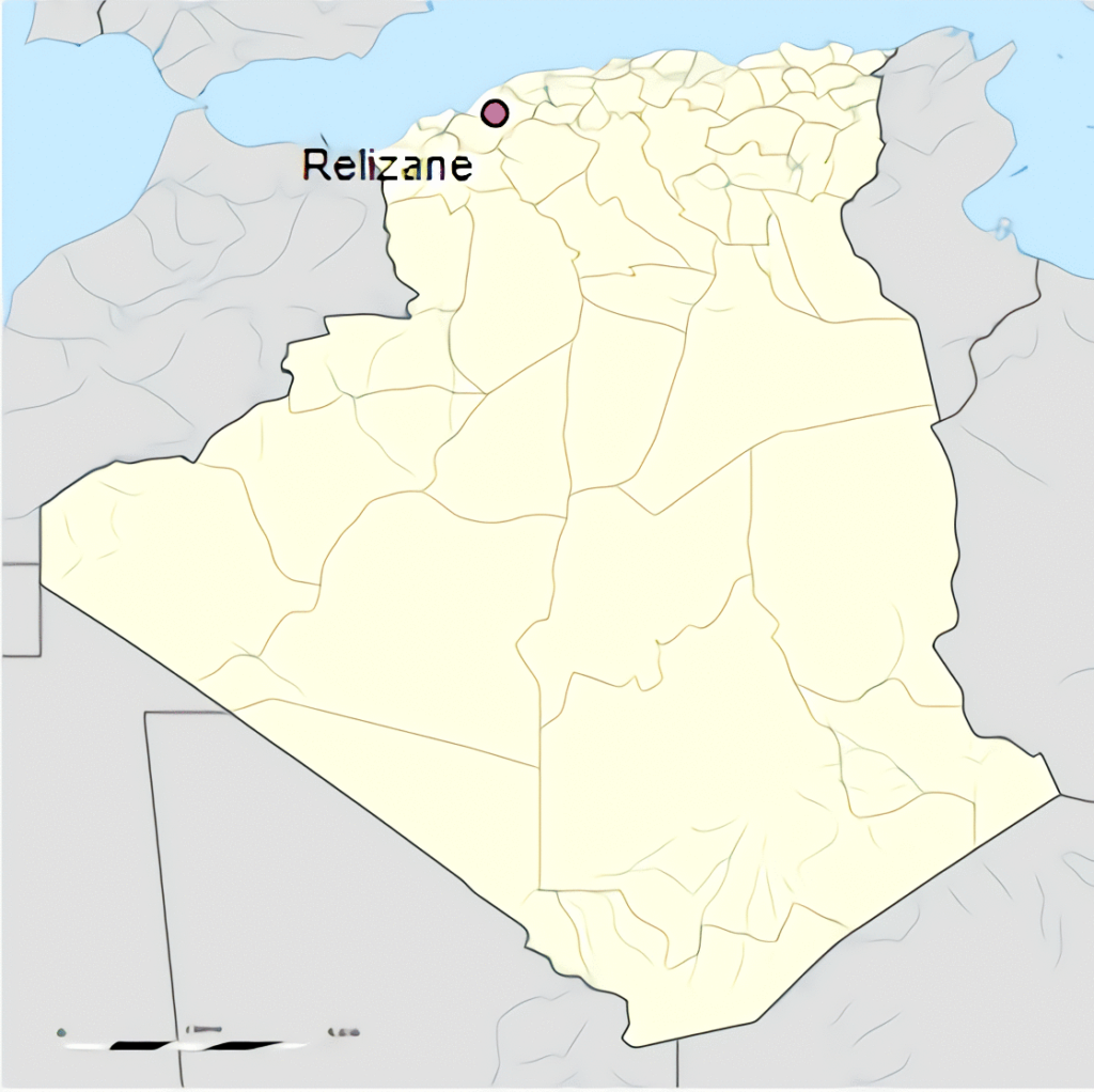 Carte de localisation de la ville de Relizane en Algérie.