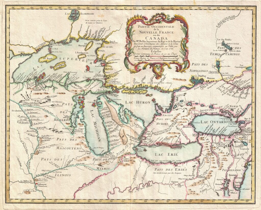 Carte de la région des Pays d'en Haut de la Nouvelle-France 1755.
