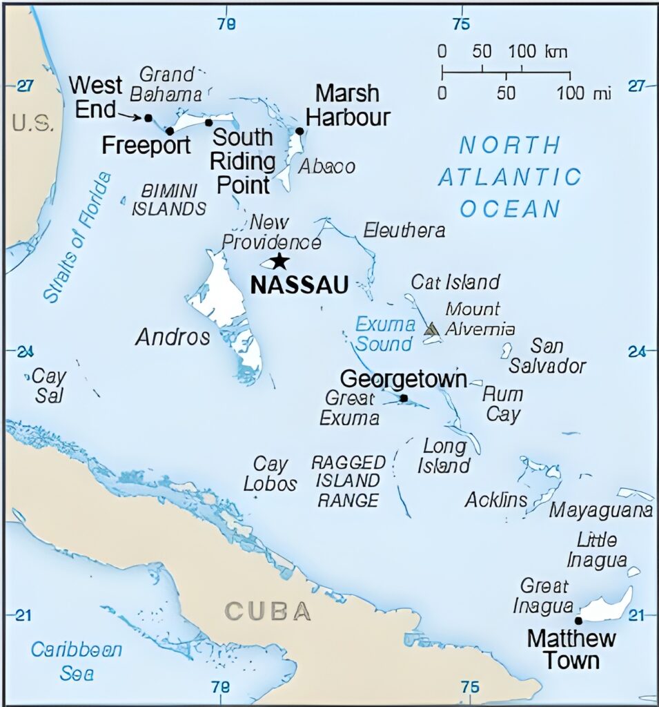 Carte des principales villes et villages des Bahamas