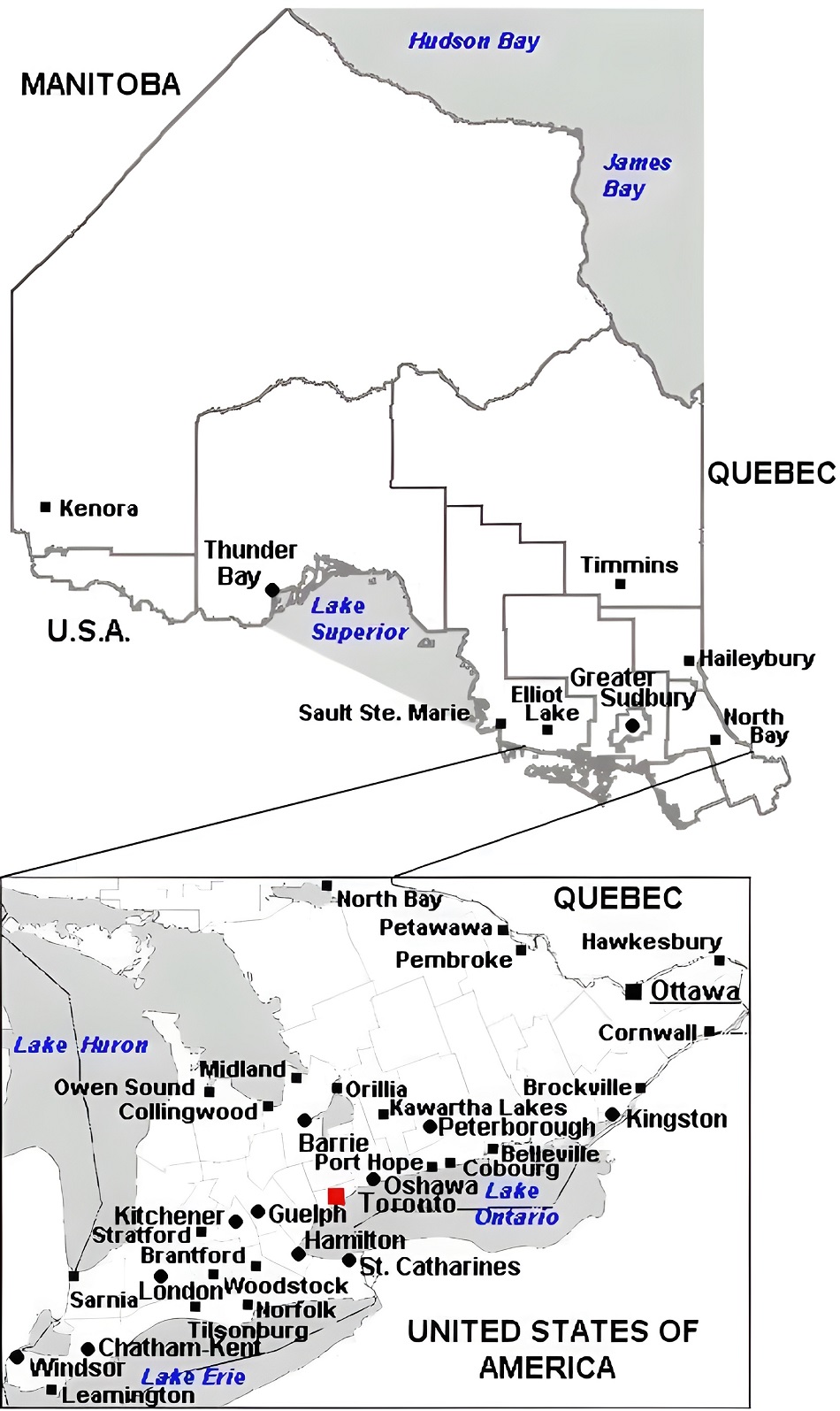 Carte des villes de l’Ontario
