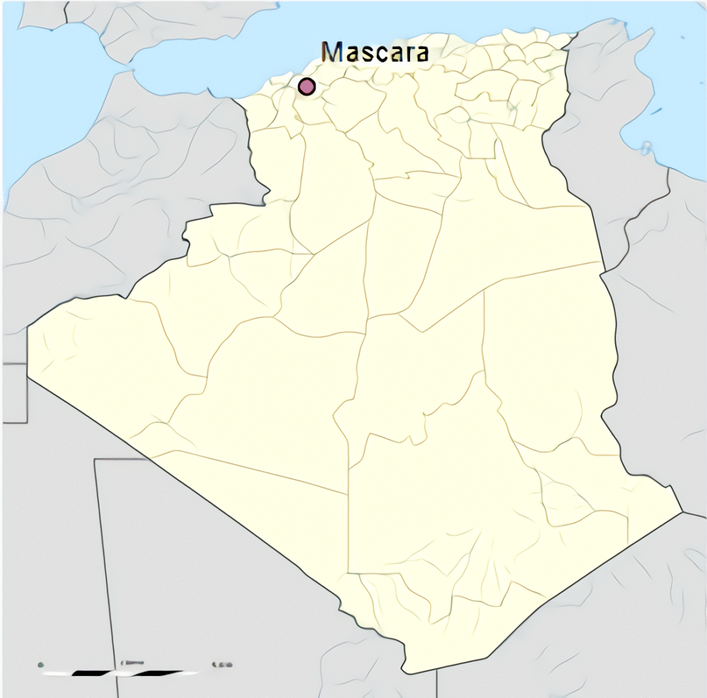 Carte de localisation de la ville de Mascara en Algérie.