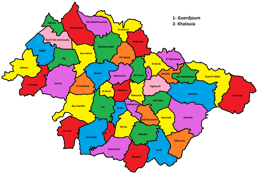 Carte des communes de la wilaya de Mascara.