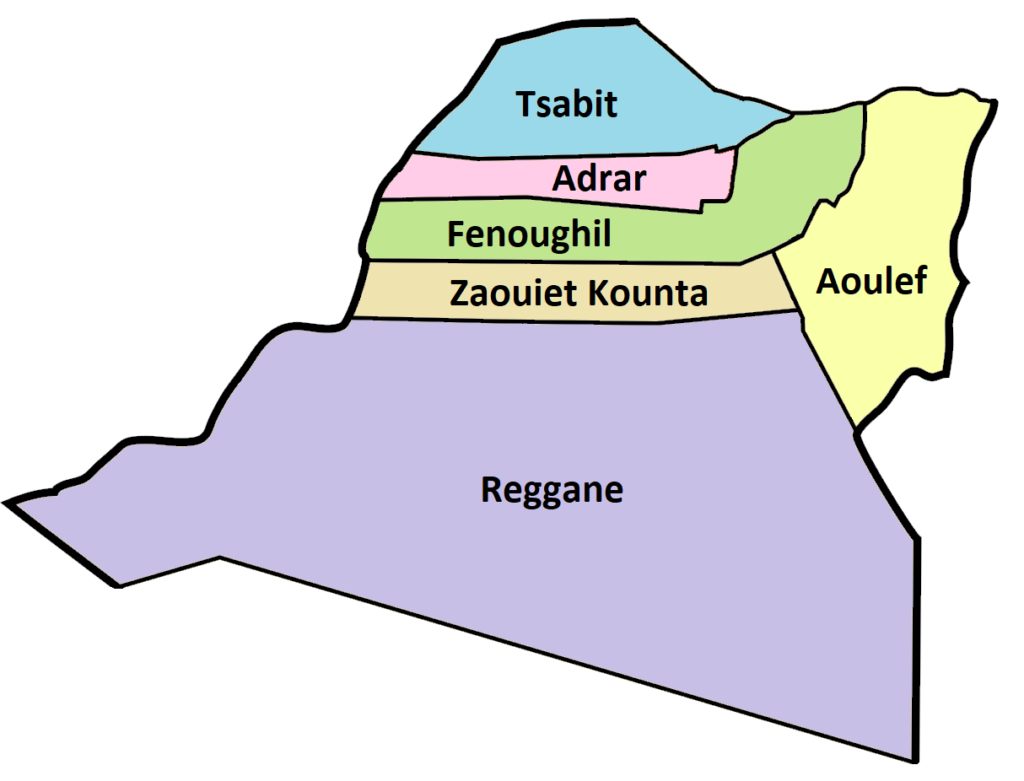 Carte des daïras de la wilaya d'Adrar.