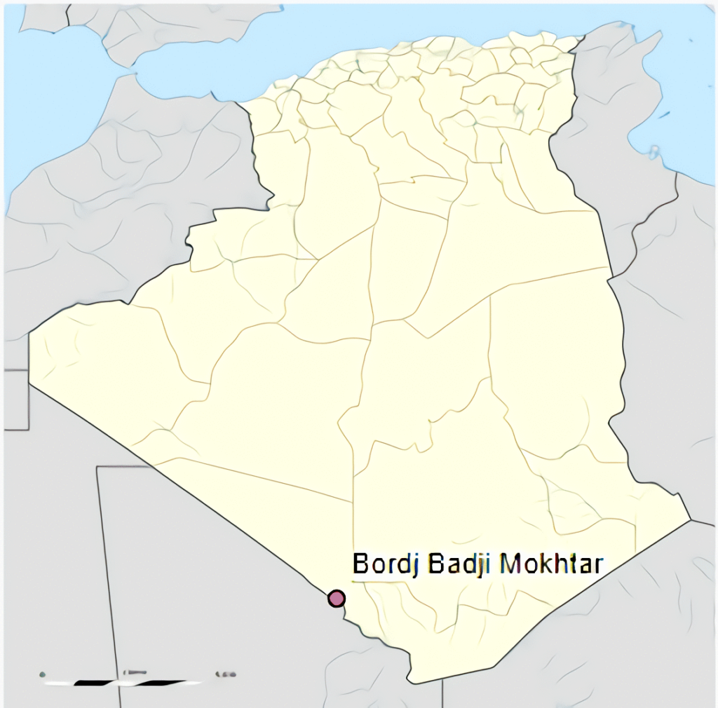 Carte de localisation de la ville de Bordj Badji Mokhtar en Algérie.