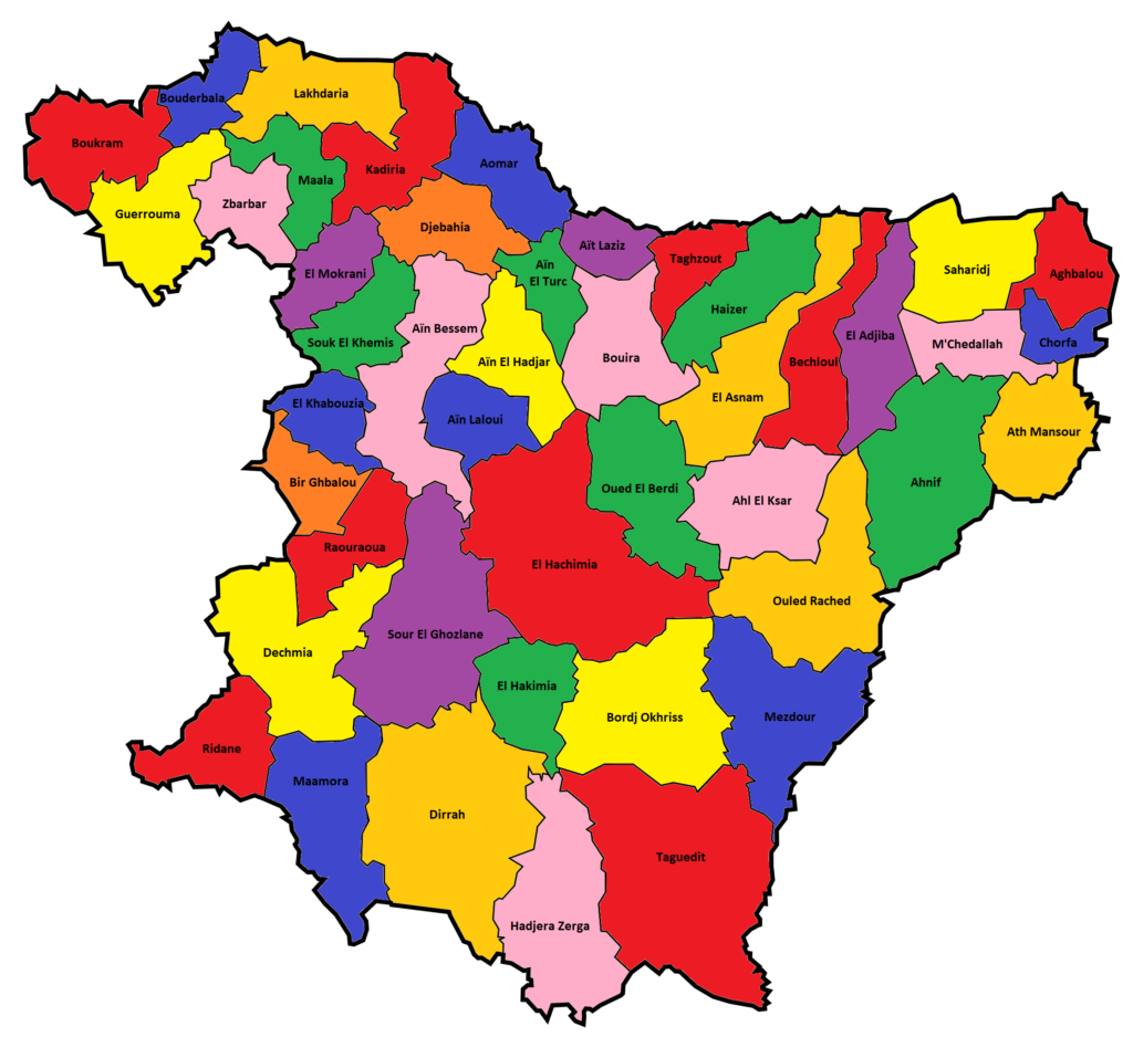 Carte des communes de la wilaya de Bouira.