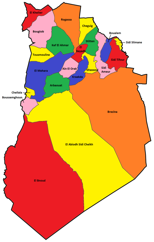 Carte des communes de la wilaya d'El Bayadh.