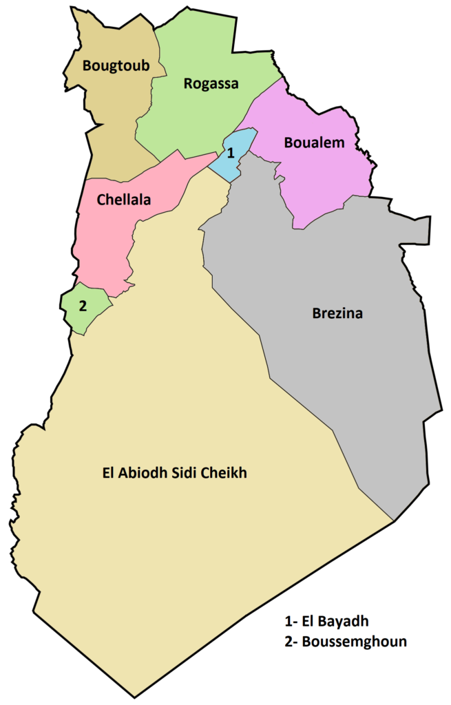 Carte des daïras de la wilaya d'El Bayadh.