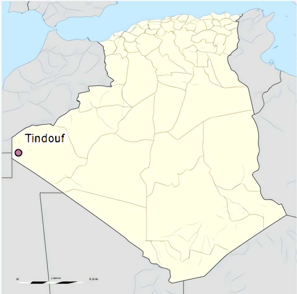 Carte de localisation de la ville de Tindouf en Algérie.
