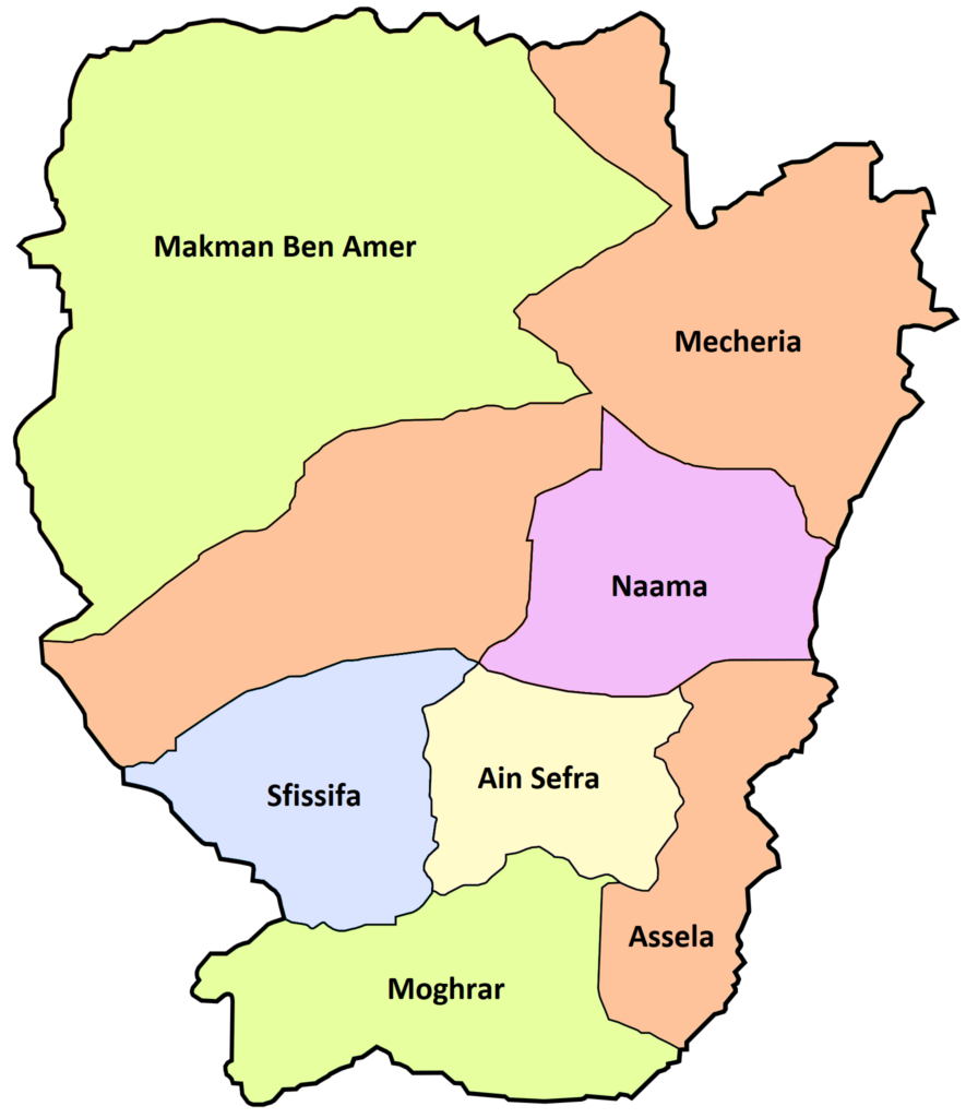 Carte des daïras de la wilaya de Naâma.