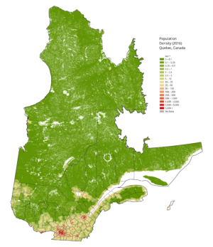 Carte de densité de la population du Québec