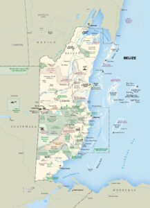 Carte du Belize avec les principales routes, villes, réserves forestières et autres points d'intérêt.