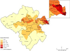 Carte de densité de la population par secteur dans le gouvernorat de La Manouba en 2004.