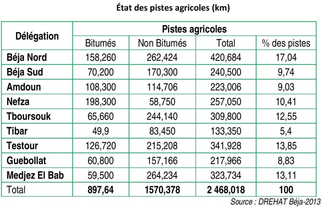 État des pistes agricoles (km) du gouvernorat de Béja.