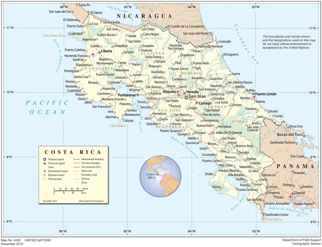 Carte des principales villes du Costa Rica.