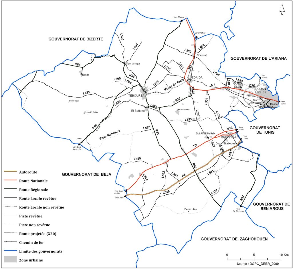Carte du réseau routier du gouvernorat de La Manouba.