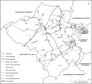 Carte du réseau routier du gouvernorat de La Manouba