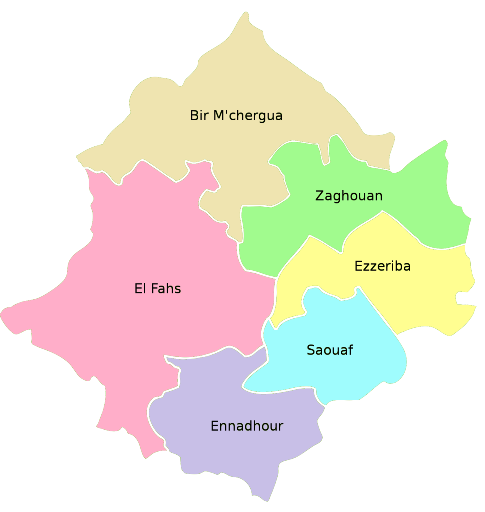 Carte des délégations du gouvernorat de Zaghouan.