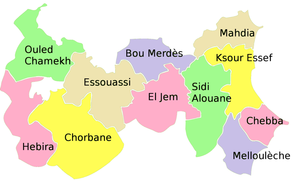 Carte des délégations du gouvernorat de Mahdia.