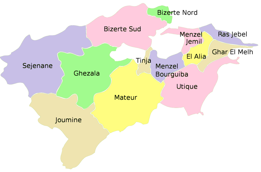 Carte des délégations du gouvernorat de Bizerte.