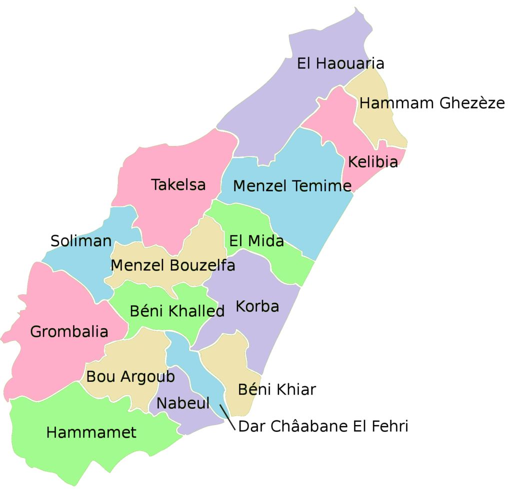 Carte des délégations du gouvernorat de Nabeul.