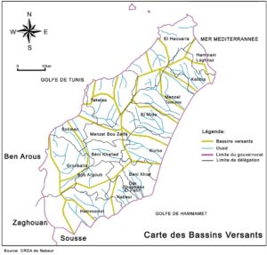 Carte des bassins versants dans le gouvernorat de Nabeul.