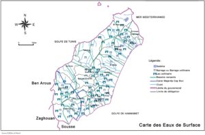 Carte des eaux de surface dans le gouvernorat de Nabeul.