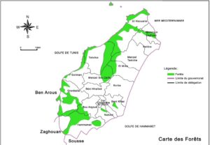 Carte des forêts dans le gouvernorat de Nabeul.