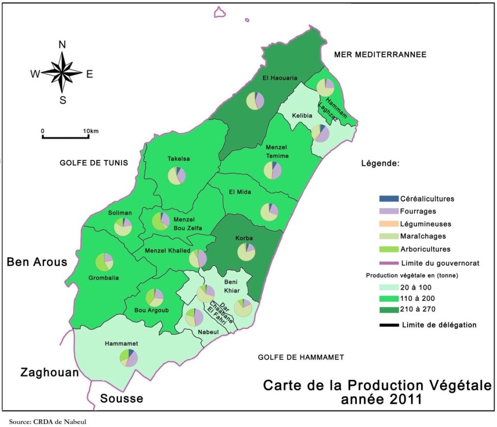 Carte de la production végétale dans le gouvernorat de Nabeul en 2011.