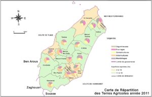 Carte de répartition des terres agricoles dans le gouvernorat de Nabeul en 2011.