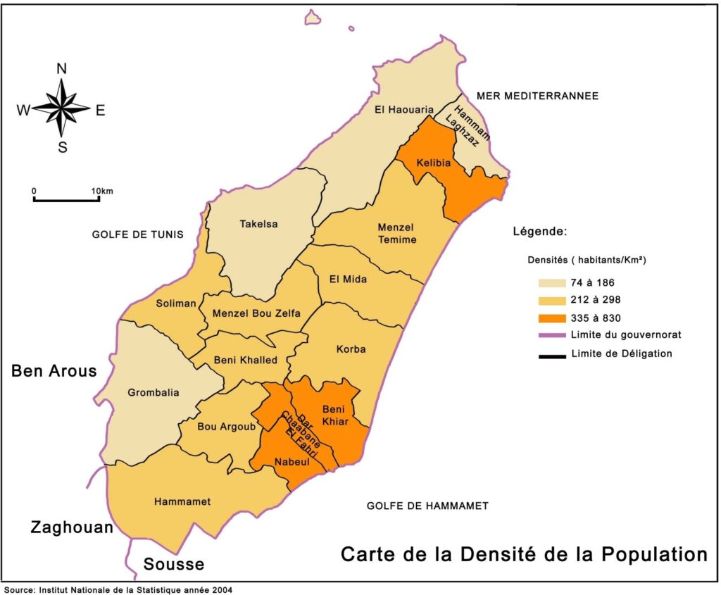 Carte de la densité de la population du gouvernorat de Nabeul.